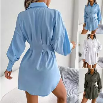 Женское платье-рубашка, плиссированное офисное женское мини-платье с длинными рукавами-фонариками и высокой талией, осеннее однотонное белое синее платье-рубашка S небесно-голубой
