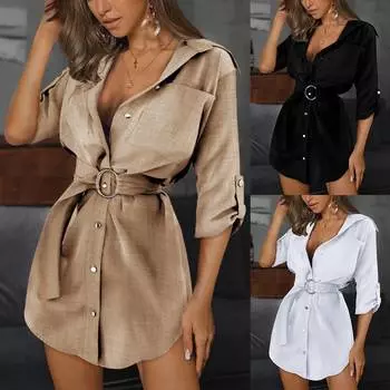Женское платье-рубашка с длинным рукавом, мини-платье OL, женские повседневные топы, рубашка, блузка, футболка