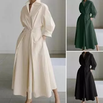 Женское платье-рубашка с длинным рукавом на пуговицах, повседневное платье-миди А-силуэта, свободный крой S армия зеленый