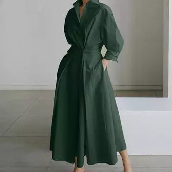 Женское платье-рубашка с длинным рукавом на пуговицах, повседневное платье-миди А-силуэта, длинное платье с воротником-лацканами для офисных вечеринок и пляжа S армия зеленый