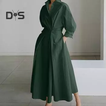 Женское платье-рубашка с длинным рукавом на пуговицах, повседневное платье-миди А-силуэта, длинное платье с воротником-лацканами для офисных вечеринок и пляжа S армия зеленый