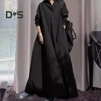 Женское платье-рубашка с длинным рукавом и V-образным вырезом, однобортное, однотонное, свободного покроя, повседневное, длинное, в уличном стиле 2XL чёрный