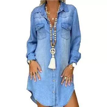 Женское платье-рубашка с длинным рукавом и пуговицами, повседневное джинсовое платье S