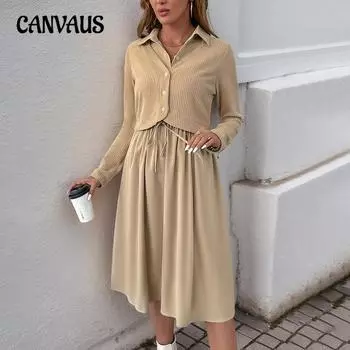 Женское платье-рубашка с длинным рукавом и лацканами S хаки