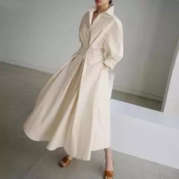 Женское платье-рубашка с длинным рукавом на пуговицах, повседневное платье-миди А-силуэта, свободный крой S абрикосовый