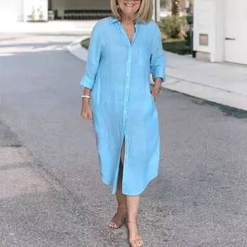 Женское платье-рубашка с длинным рукавом и пуговицами, свободное хлопковое льняное длинное платье с V-образным вырезом и карманами, летний повседневный наряд S жёлтый