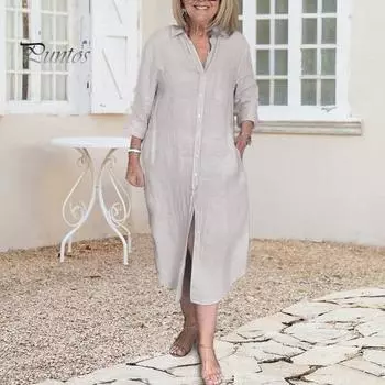 Женское платье-рубашка с длинным рукавом и пуговицами, свободное хлопковое льняное длинное платье с V-образным вырезом и карманами, летний повседневный наряд S небесно-голубой