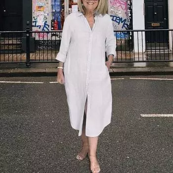 Женское платье-рубашка с длинным рукавом и пуговицами, свободное хлопковое льняное длинное платье с V-образным вырезом и карманами, летний повседневный наряд S жёлтый