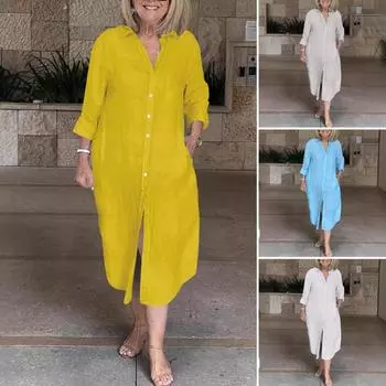 Женское платье-рубашка с длинным рукавом и пуговицами, свободное хлопковое льняное длинное платье с V-образным вырезом и карманами, летний повседневный наряд S небесно-голубой