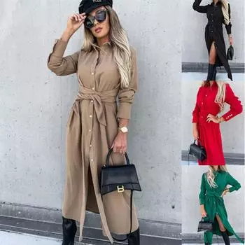 Женское платье-рубашка с длинным рукавом и завязками на лацканах весна-осень S хаки