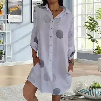 Женское платье-рубашка с лацканами, длинный рукав, однобортное, повседневное, рубашка с круглым принтом, свободного кроя, рабочее, вечернее платье XL королевский синий