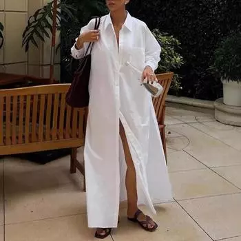 Женское платье-рубашка с лацканами, длинным рукавом, боковым разрезом, повседневная рубашка, однотонное платье макси с застежкой на пуговицы, повседневная одежда белый