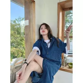 Женское платье-рубашка с лацканами из денима в стиле ретро - весна/лето 2022 г. Юбка средней длины Medium