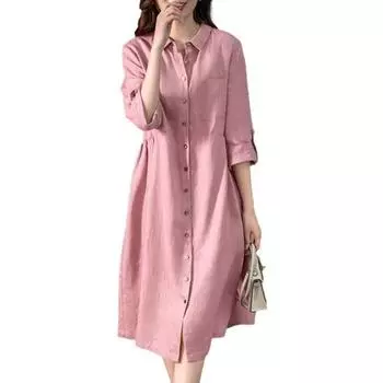 Женское платье-рубашка с лацканами, рукавом 3/4, высокой талией, платье миди, однотонное, свободного кроя, летнее платье, офисная женская одежда L розовый