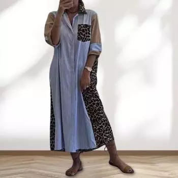 Женское платье-рубашка с леопардовым принтом, отложным воротником, контрастным цветом, однобортное, свободное M синий