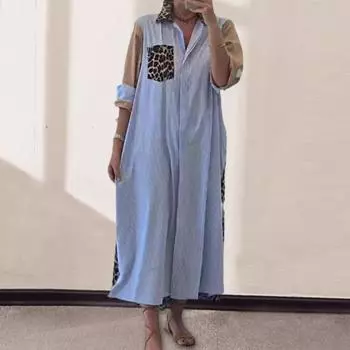 Женское платье-рубашка с леопардовым принтом, отложным воротником, контрастным цветом, однобортное, свободного покроя, с нагрудными карманами, весенне-осеннее платье-миди M синий