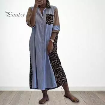 Женское платье-рубашка с леопардовым принтом, отложным воротником, контрастным цветом, однобортное, свободного покроя, с нагрудными карманами, весенне-осеннее платье-миди M синий