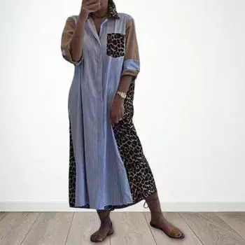 Женское платье-рубашка с леопардовым принтом, отложным воротником, контрастным цветом, однобортное, свободного покроя, с нагрудными карманами, весенне-осеннее платье-миди M синий