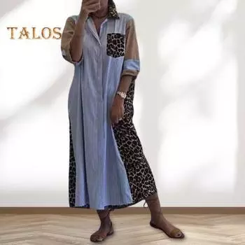 Женское платье-рубашка с леопардовым принтом, отложным воротником, контрастным цветом, однобортное, свободного покроя, с нагрудными карманами, весенне-осеннее платье-миди M синий