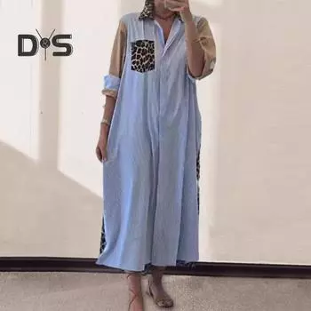 Женское платье-рубашка с леопардовым принтом, отложным воротником, контрастным цветом, однобортное, свободного покроя, с нагрудными карманами, весенне-осеннее платье-миди M синий
