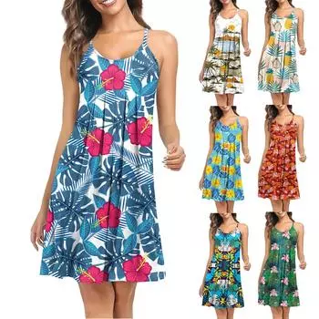 Женское платье-рубашка с принтом без рукавов и бретельками для работы и сна L синий