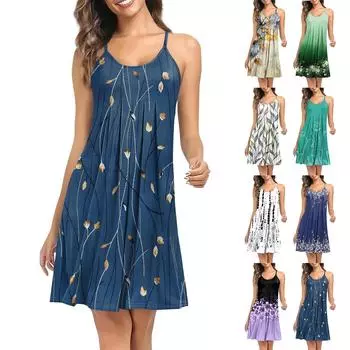 Женское платье-рубашка с принтом без рукавов и бретельками для работы и сна XXXL