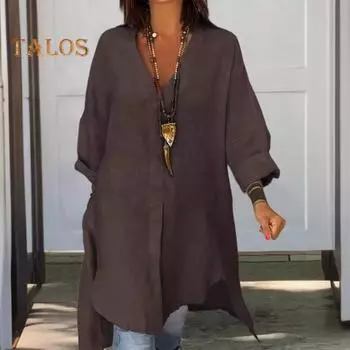 Женское платье-рубашка с v-образным вырезом и лацканами, нерегулярный подол, свободное однотонное платье с длинными рукавами, повседневный пуловер, мини-платье для поездок на работу, женская блузка XL темно-коричневого
