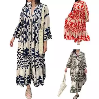 Женское платье-рубашка с v-образным вырезом, свободное богемное модное платье с принтом S красный