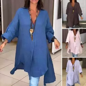 Женское платье-рубашка с v-образным вырезом и лацканами, нерегулярный подол, свободное однотонное платье с длинными рукавами, повседневный пуловер, мини-платье для поездок на работу, женская блузка XL темно-коричневого