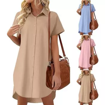 Женское платье-рубашка с воротником-стойкой, коротким рукавом, блузка на пуговицах M армия зеленый