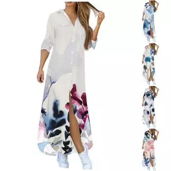Женское платье-рубашка, сексуальная повседневная рубашка с длинным рукавом и принтом, свободное платье макси с разрезом и воротником на пуговицах L синий