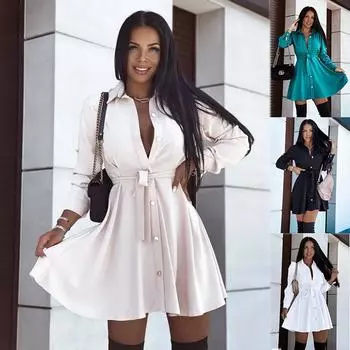 Женское платье-рубашка весна-осень с длинным рукавом и пуговицами на шнуровке XS белый