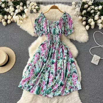 Женское платье RUGOD с цветочным принтом, лето 2022, с высокой талией и тонким французским колокольчиком, плиссированное платье трапециевидной формы для перерыва на чай First Love