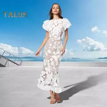 Женское платье «рыбий хвост» с круглым вырезом и пышным рукавом с коротким рукавом, вышитое 3D цветочное платье миди, длинное платье с запахом на бедрах S светло-фиолетовый