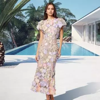 Женское платье «рыбий хвост» с круглым вырезом и пышным рукавом с коротким рукавом, вышитое 3D цветочное платье миди, длинное платье с запахом на бедрах S светло-фиолетовый