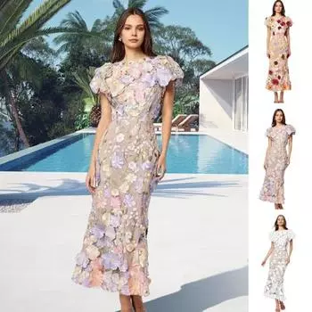 Женское платье «рыбий хвост» с круглым вырезом и пышным рукавом с коротким рукавом и вышивкой 3D Цветочный декор Платье миди Длинное платье до бедра 2XL белый