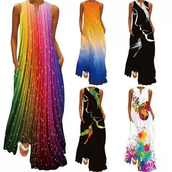 Женское платье с 3D-эффектом и светоотражающим эффектом, модное повседневное платье без рукавов с принтом и карманами, макси-платье больших размеров с длинными рукавами M