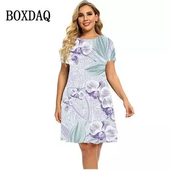 Женское платье с 3D цветочным принтом, летний повседневный пуловер с круглым вырезом, свободное платье больших размеров, модная уличная одежда с короткими рукавами, праздничная одежда S