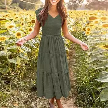 Женское платье с эластичным бюстом и плиссировкой А-силуэта в стиле пэчворк с короткими летящими рукавами и V-образным вырезом, сплошное цветное пляжное платье миди длиной до середины икры 2XL белый