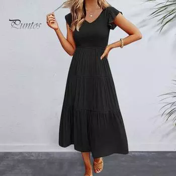 Женское платье с эластичным бюстом и плиссировкой А-силуэта в стиле пэчворк с короткими летящими рукавами и V-образным вырезом, сплошное цветное пляжное платье миди длиной до середины икры 2XL белый