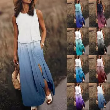 Женское платье с эластичным поясом и градиентным принтом, сексуальное платье с разрезом XXL