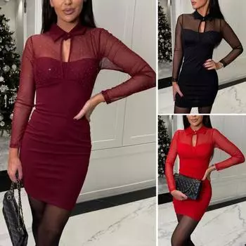 Женское платье с ажурной сеткой в стиле пэчворк, облегающее мини-платье из двух частей с отложным воротником, эластичное короткое платье для выпускного вечера в клубе S красный