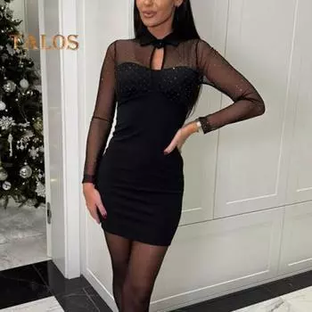 Женское платье с ажурной сеткой в стиле пэчворк, облегающее мини-платье из двух частей с отложным воротником, эластичное короткое платье для выпускного вечера в клубе S красный