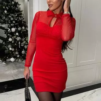 Женское платье с ажурной сеткой в стиле пэчворк, облегающее мини-платье из двух частей с отложным воротником, эластичное короткое платье для выпускного вечера в клубе S вино красного