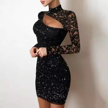 Женское платье с ажурной вышивкой, облегающее платье-футляр, однотонное блестящее XL чёрный