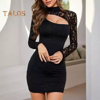 Женское платье с ажурной вышивкой, облегающее платье-футляр, однотонное блестящее трикотажное платье со стоячим воротником, эластичное мини-платье для выпускного вечера XL чёрный