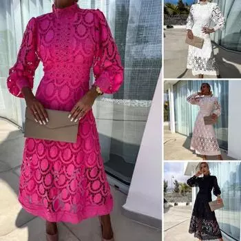 Женское платье с ажурным кружевным воротником-стойкой с пузырьковыми рукавами и узкой талией, прозрачное двухслойное платье длиной до щиколотки, сплошной цвет OL, повседневное платье макси S абрикосовый