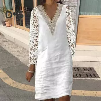 Женское платье с ажурным кружевом, V-образным вырезом, рукавом девятой длины, однотонное цветочное вышитое лоскутное прямое прозрачное женское платье миди длиной до колена XL белый