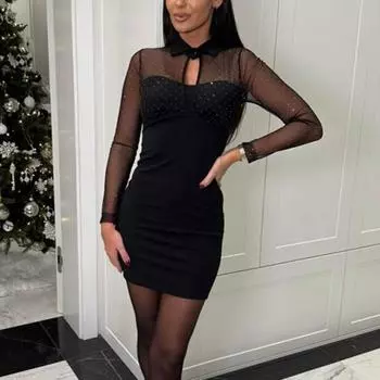 Женское платье с ажурным сетчатым лоскутным узором, облегающее мини-платье-футляр, поддельное S чёрный