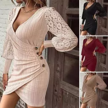 Женское платье с ажурными кружевными рукавами, облегающее, с неровным глубоким V-образным вырезом S вино красного